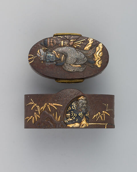Sword-Hilt Collar and Pommel (Fuchigashira), Iron, gold, copper-silver alloy (shibuichi), copper-gold alloy (shakudō), Japanese 