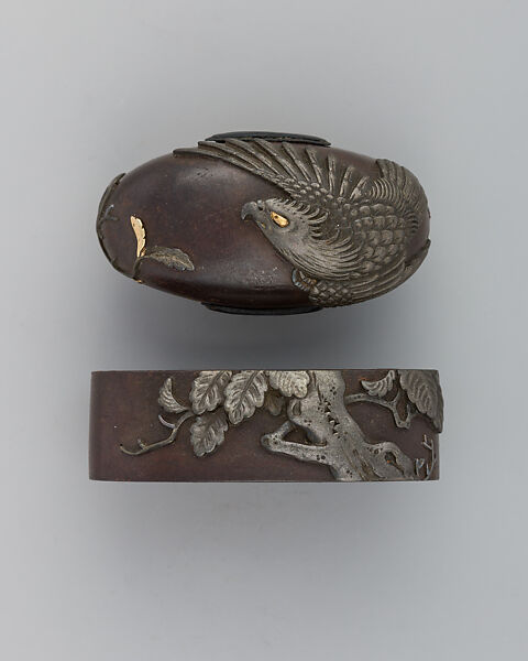 Sword-Hilt Collar and Pommel (Fuchigashira), Iron, copper-silver alloy (shibuichi), Japanese 