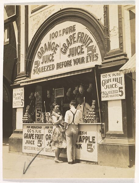 [Juice Stand, New York], Berenice Abbott (American, Springfield, Ohio 1898–1991 Monson, Maine), Gelatin silver print 