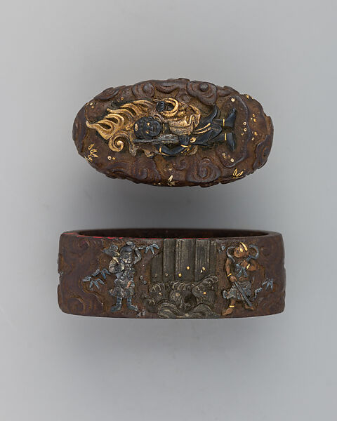 Sword-Hilt Collar and Pommel (Fuchigashira), Iron, gold, copper-gold alloy (shakudō), Japanese 