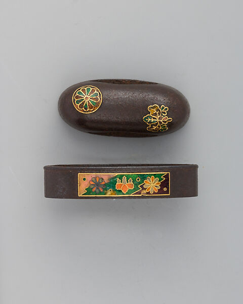 Sword-Hilt Collar and Pommel (Fuchigashira), Iron, gold, enamel, Japanese 