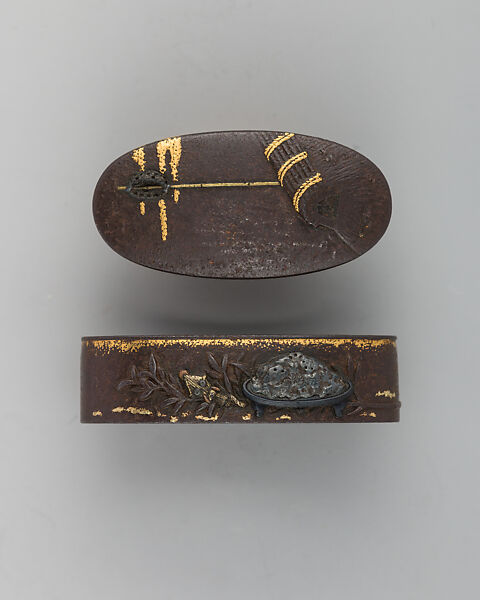 Sword-Hilt Collar and Pommel (Fuchigashira), Iron, copper-gold alloy (shakudō), gold, Japanese 