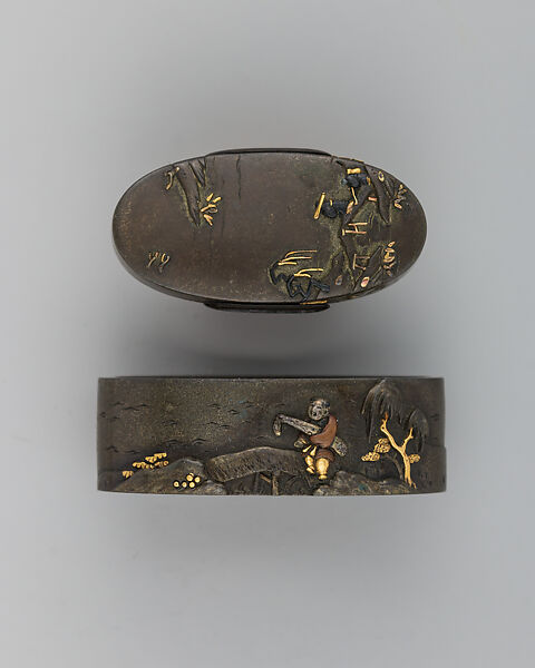Sword-Hilt Collar and Pommel (Fuchigashira), Copper-silver alloy (shibuichi), gold, Japanese 