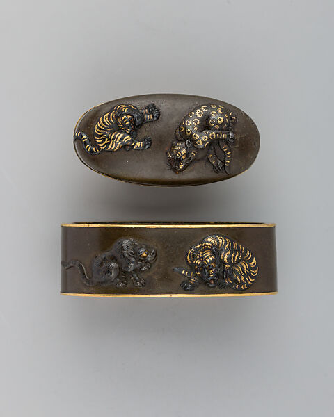 Sword-Hilt Collar and Pommel (Fuchigashira), Copper-silver alloy (shibuichi), gold, Japanese 