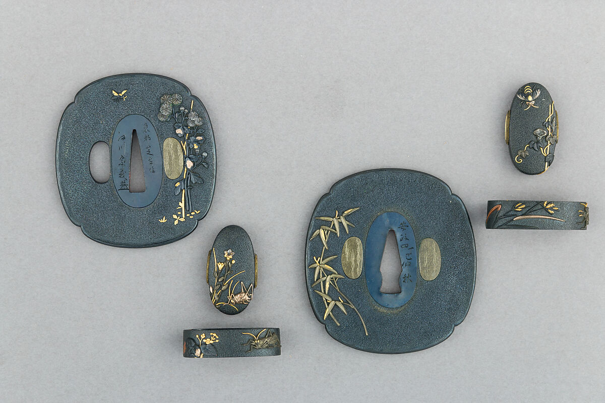 Set of Sword-Hilt Washers and Pommels (Fuchigashira) and Sword Guards (Tsuba) for a Pair of Swords (Daishō), Iron, gold, copper-silver alloy (shibuichi), copper-gold alloy (shakudō), Japanese 