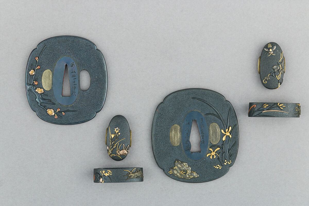 Set of Sword-Hilt Washers and Pommels (Fuchigashira) and Sword Guards (Tsuba) for a Pair of Swords (Daishō), Iron, gold, copper-silver alloy (shibuichi), copper-gold alloy (shakudō), Japanese