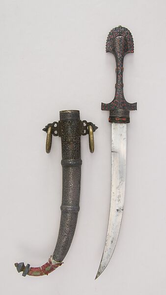 Dagger with Sheath, Steel, silver, brass, wax, Moroccan