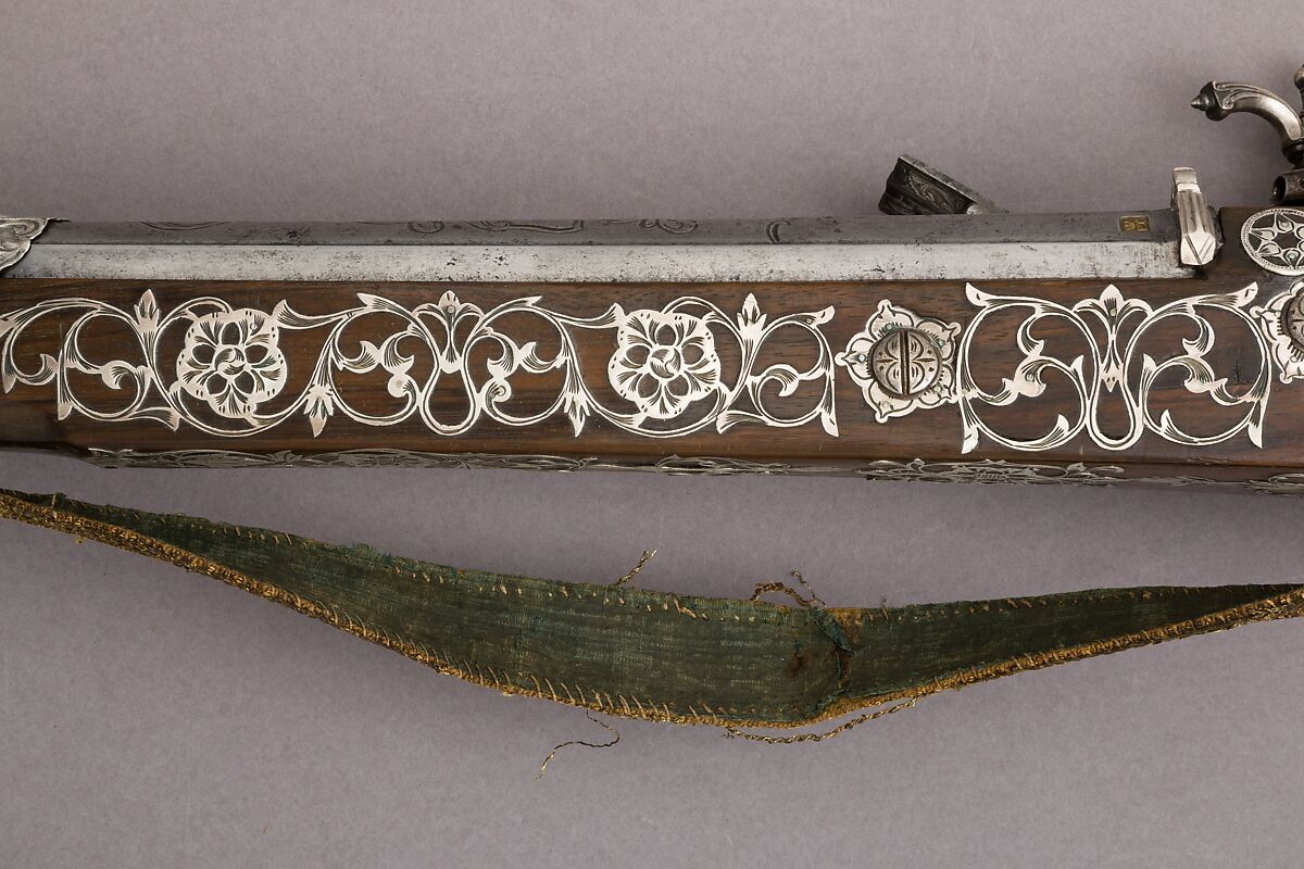 Miquelet Rifle of Ali Pasha, Steel, wood, silver, copper alloy, textile, lock and stock, Algerian; barrel, European