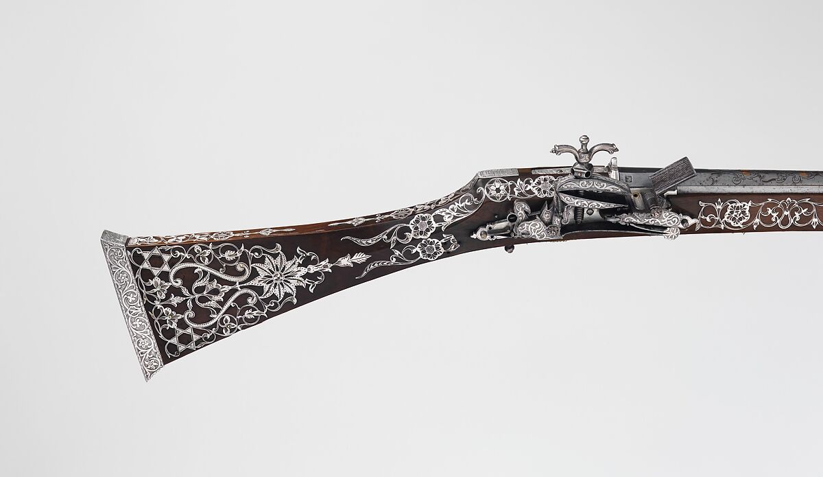Miquelet Rifle of Ali Pasha, Steel, wood, silver, copper alloy, textile, lock and stock, Algerian; barrel, European