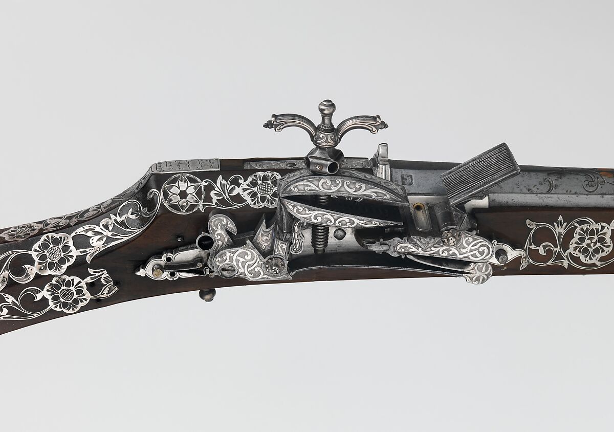 Miquelet Rifle of Ali Pasha, Steel, wood, silver, copper alloy, textile, lock and stock, Algerian; barrel, European