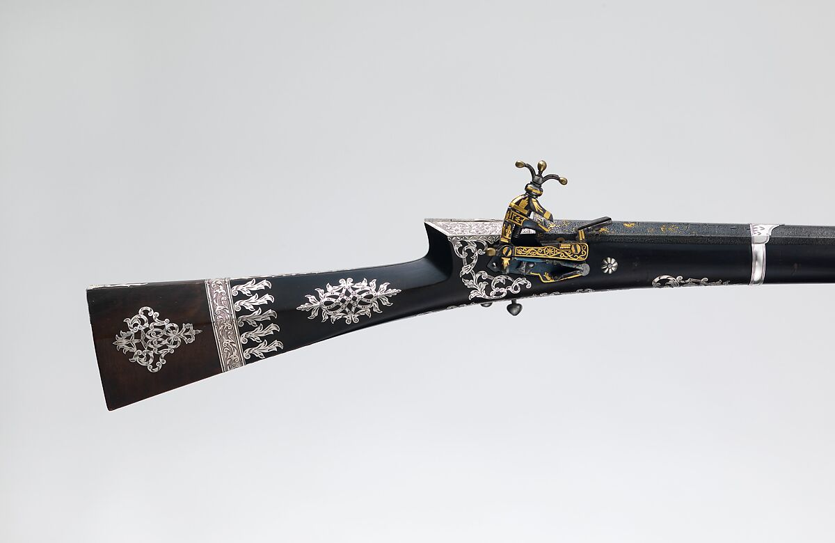 Miquelet Rifle, Steel, wood, silver, gold, copper alloy, textile, barrel, probably Iranian; lock and stock, Turkish