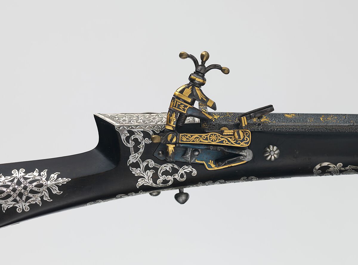 Miquelet Rifle, Steel, wood, silver, gold, copper alloy, textile, barrel, probably Iranian; lock and stock, Turkish