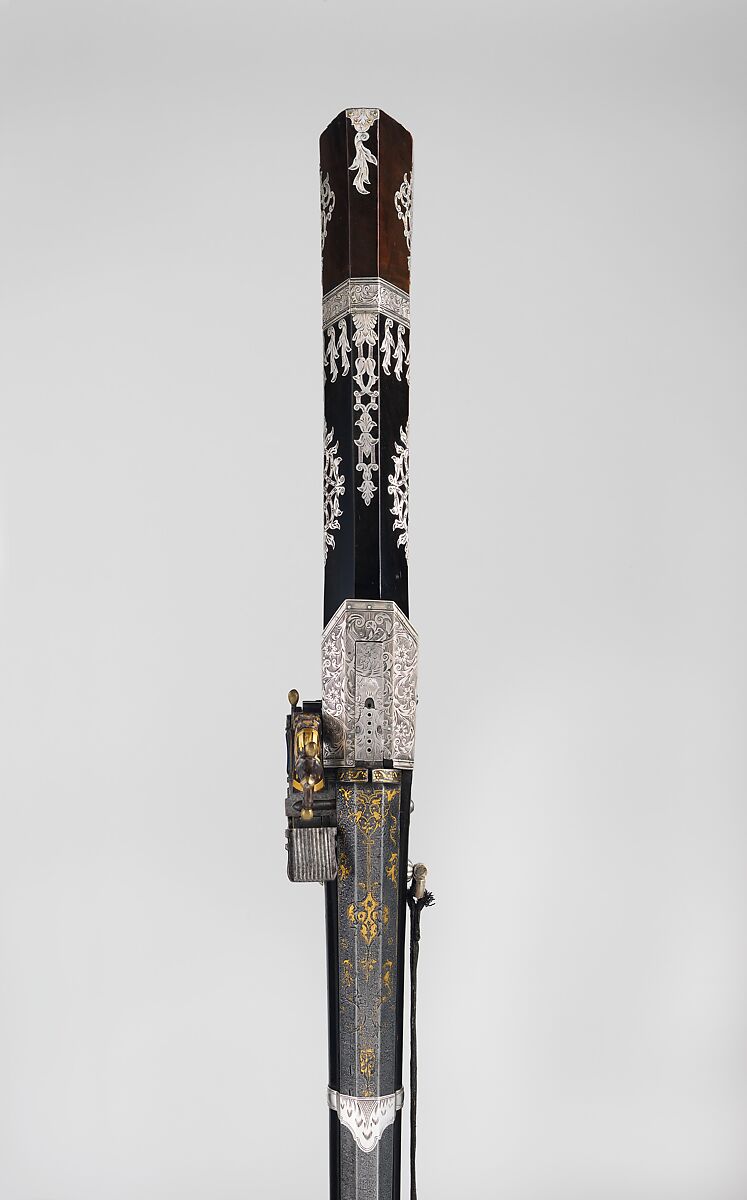 Miquelet Rifle, Steel, wood, silver, gold, copper alloy, textile, barrel, probably Iranian; lock and stock, Turkish