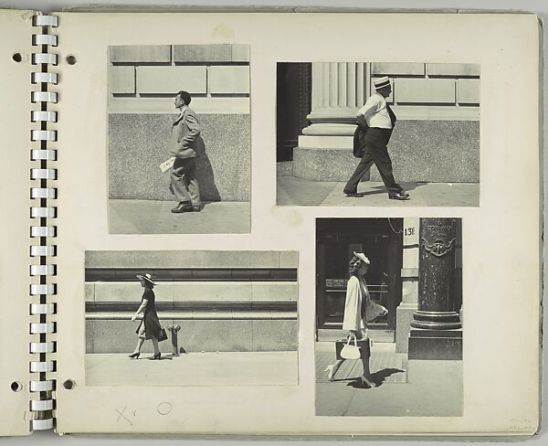 [Pedestrians in New York City: Man in Suit Holding Newspaper on Street; Man in Shirt Sleeves and Straw Boater Hat on Street; Woman Walking Before Siamese Standpipe; Woman Walking Past Saks and Company Department Store], Rudy Burckhardt (American (born Switzerland), Basel 1914–1999 Searsmont, Maine), Gelatin silver print
