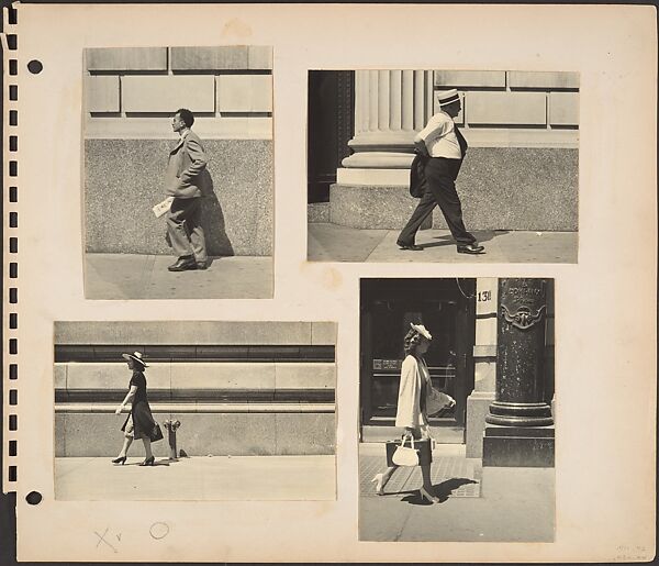 [Pedestrians in New York City: Man in Suit Holding Newspaper on Street; Man in Shirt Sleeves and Straw Boater Hat on Street; Woman Walking Before Siamese Standpipe; Woman Walking Past Saks and Company Department Store], Rudy Burckhardt (American (born Switzerland), Basel 1914–1999 Searsmont, Maine), Gelatin silver print 