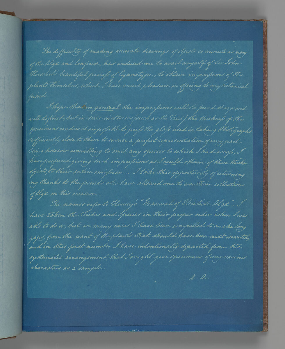 [Dedication Page 2], Anna Atkins (British, 1799–1871), Cyanotype 