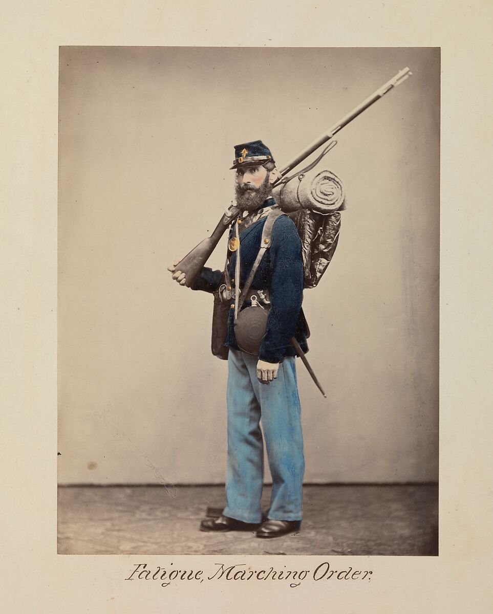 Fatigue, Marching Order, Attributed to Oliver H. Willard (American, active 1850s–70s, died 1875), Albumen silver print from glass negative with applied color 
