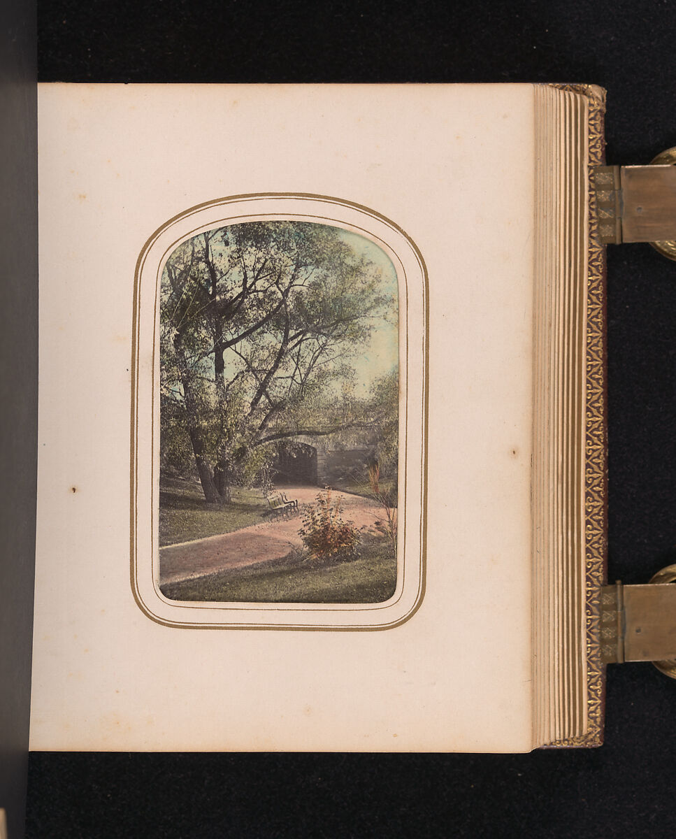 [Carte-de-visite Album of Central Park Views], Stacy&#39;s Photographic Carte de Visite (American, active 1860s), Albumen silver prints, gouache, varnish 
