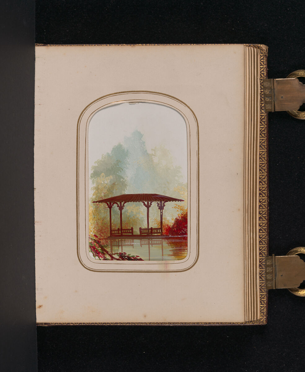 [Carte-de-visite Album of Central Park Views], Stacy's Photographic Carte de Visite (American, active 1860s), Albumen silver prints, gouache, varnish
