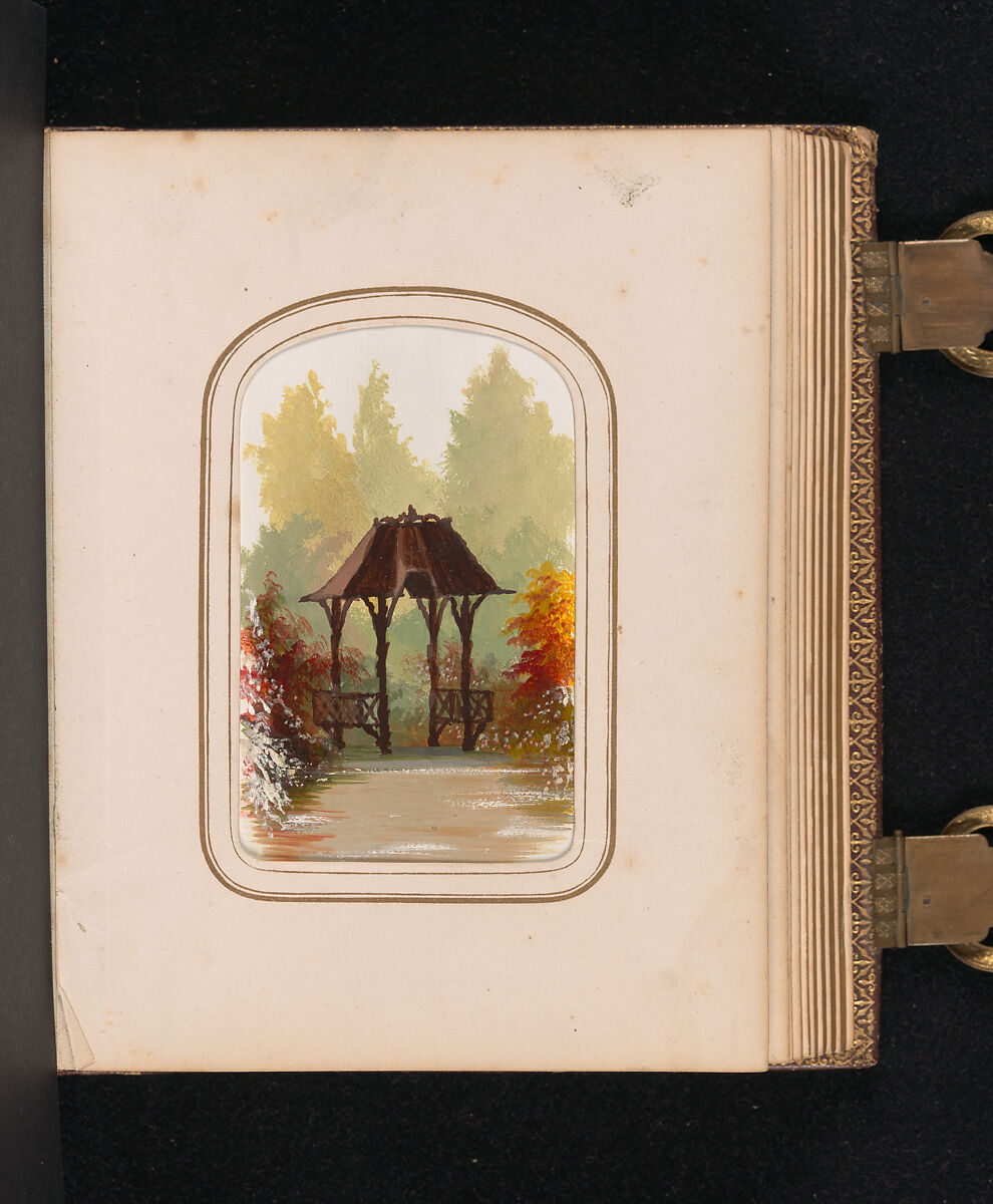 [Carte-de-visite Album of Central Park Views], Stacy's Photographic Carte de Visite (American, active 1860s), Albumen silver prints, gouache, varnish