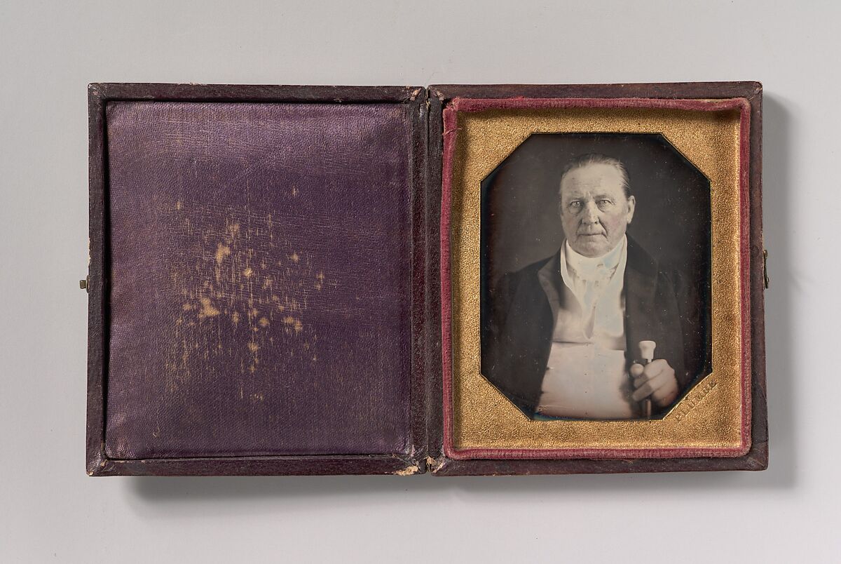 [Elderly Man Holding Ivory-topped Walking Stick], John Plumbe Jr. (American (born Wales), 1809–1857), Daguerreotype with applied color 