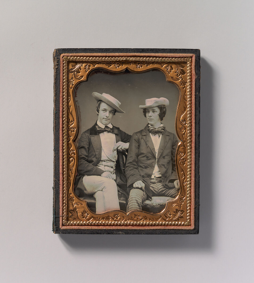 [Two Seated Young Men Wearing Gingham Trousers, Bow Ties, and Brimmed, Soft Hats], Unknown (American), Daguerreotype 