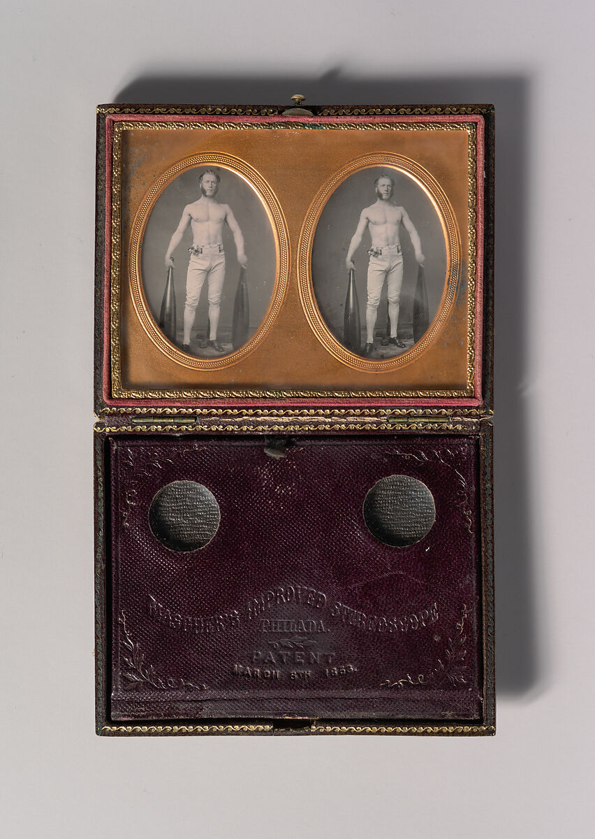 [Stereoscopic Case, Partially Nude Strongman Holding Indian Clubs], Unknown (American), Daguerreotype with applied color 