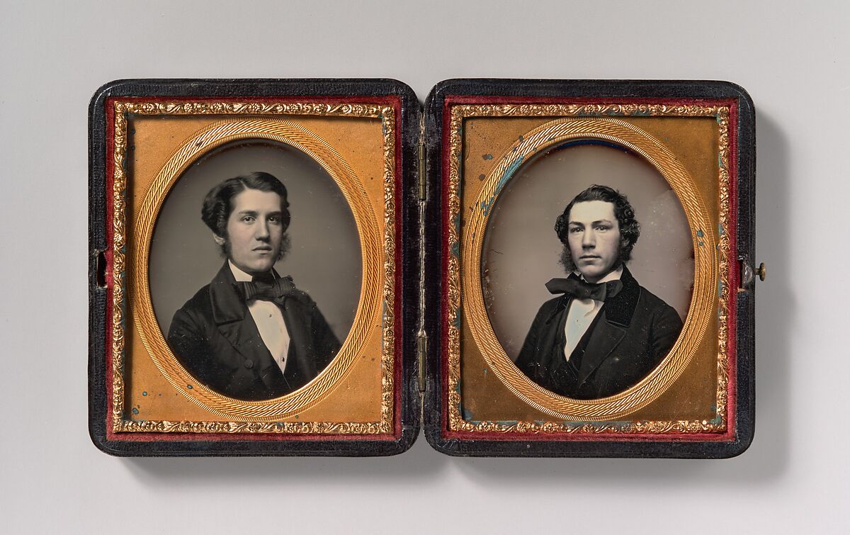 [Double Plate: Two Men with Sideburns], Possibly by John Adams Whipple (American, Cambridge, Massachusetts 1822–1891 Grafton, Massachusetts), Daguerreotype with applied color 