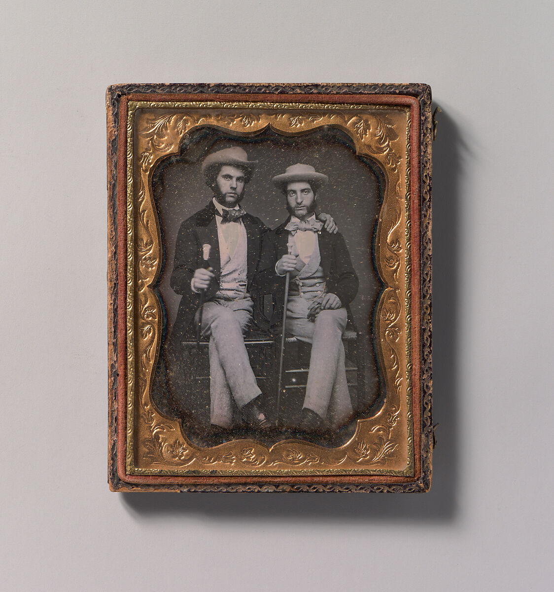 [Two Seated Young Men Holding Ivory-topped Walking Sticks], Unknown (American), Daguerreotype 