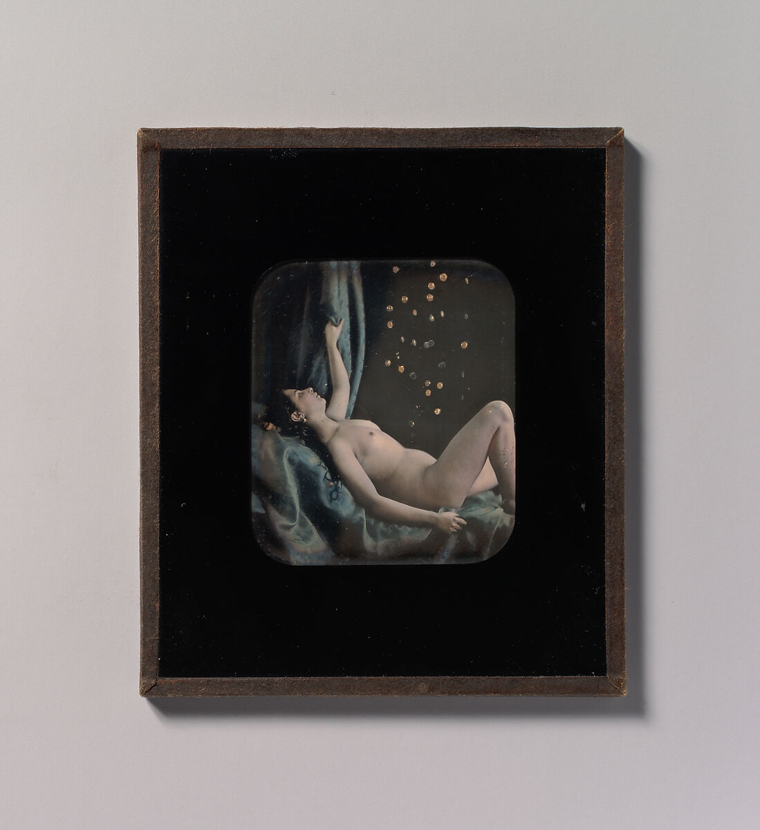 [Reclining Female Nude Posed as Danae], Attributed to Bruno Braquehais (French, 1823–1875), Daguerreotype with applied color 