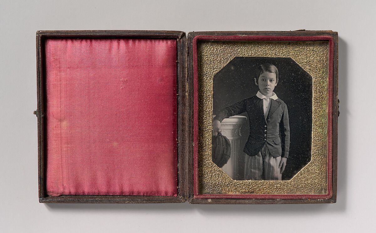 [Boy Holding Cap, Resting Arm on a Column], Unknown (American), Daguerreotype 