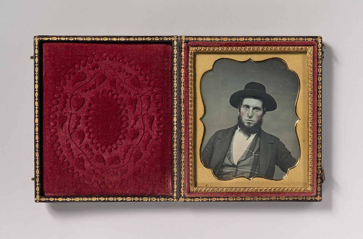 [Bewhiskered Man in Hat and Plaid Vest], Unknown (American), Daguerreotype with applied color 