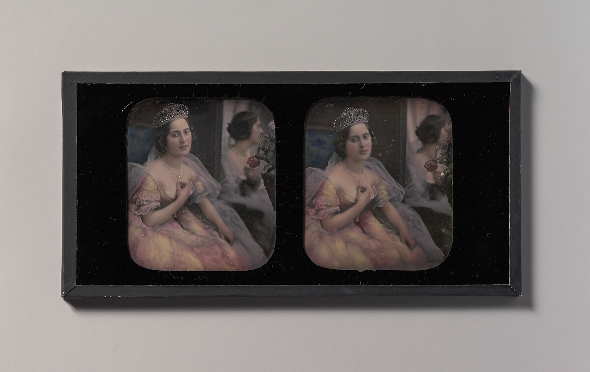 [Stereograph of a Woman Wearing a Tiara and Tulle and Lace Dress, Seated Before a Mirror], Bautain (French), Daguerreotype with applied color 