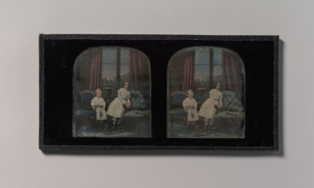 [Stereograph, Two Children Standing Between Furniture in a Studio Parlor Setting], Antoine-François-Jean Claudet (French, Lyon 1797–1867London), Daguerreotype with applied color 