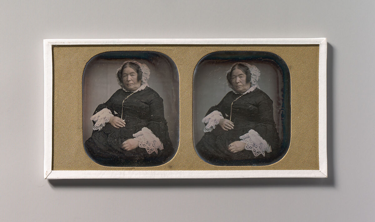 [Older Woman Wearing Flowered Bonnet], Unknown (American), Daguerreotype with applied color 