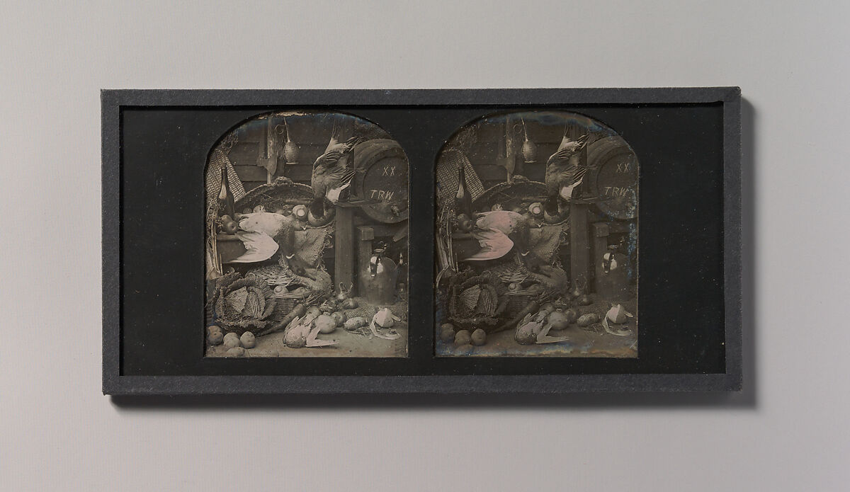 [Stereograph Still-life of Fowl with Initialed Barrel and Root Vegetables], T. R. Williams (British, born 1825), Daguerreotype 