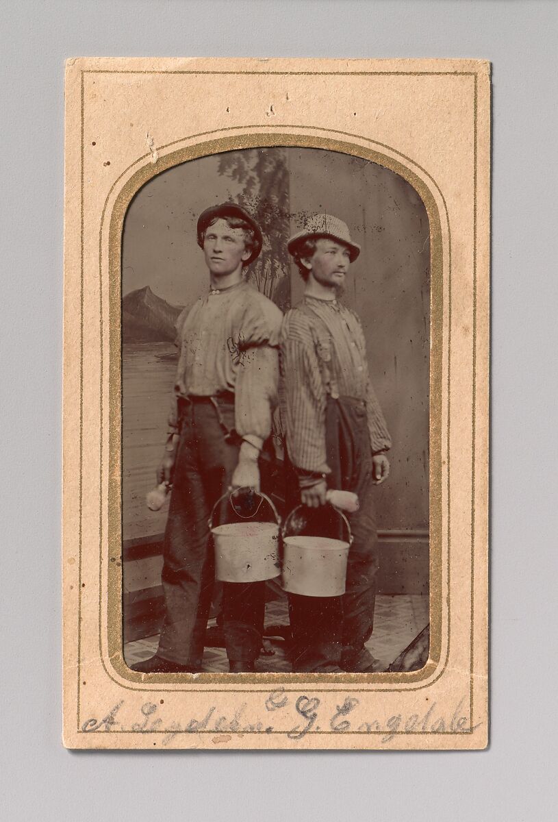 [Two Painters with Brushes and Buckets], Unknown (American), Tintype with applied color 