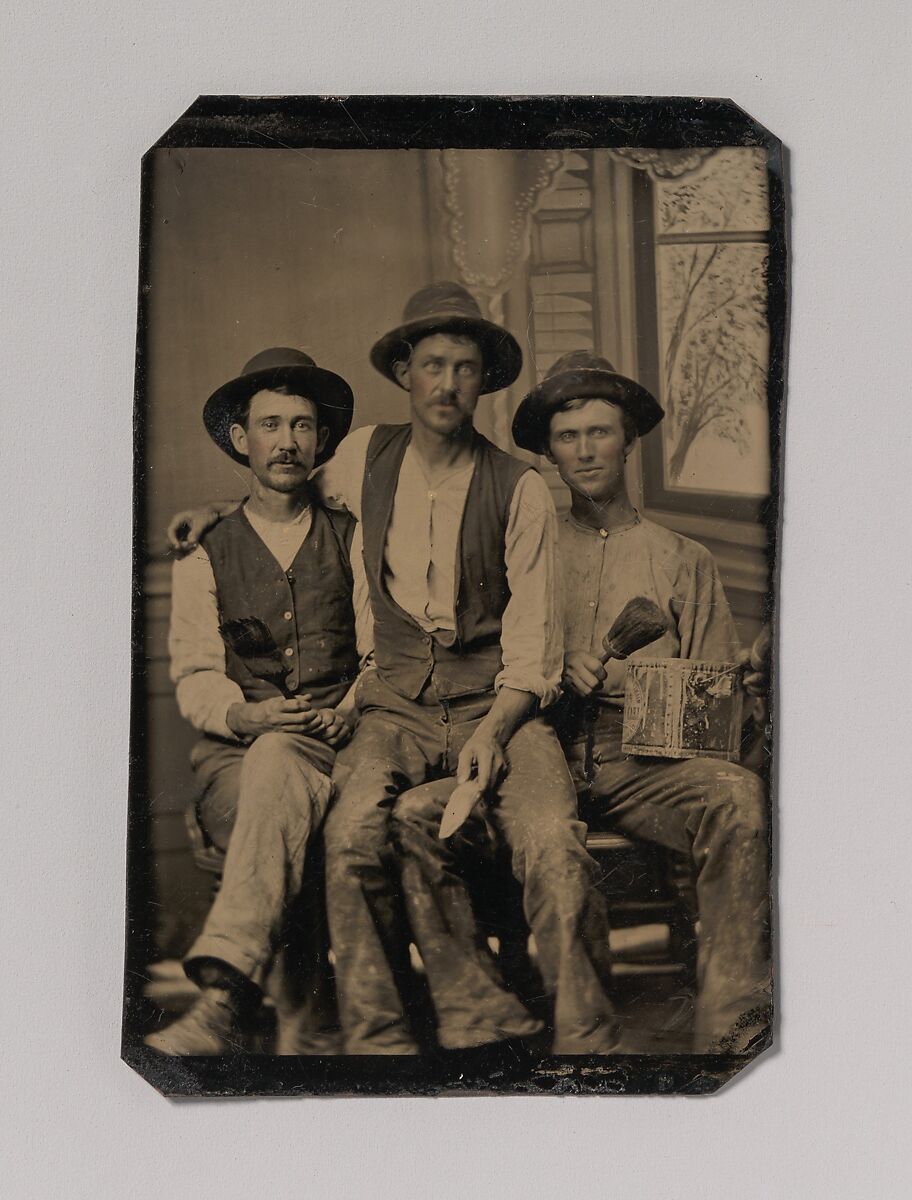 [Three Painters, with Brushes and a Can of Paint, in Front of a Painted Window Backdrop], Unknown (American), Tintype with applied color 