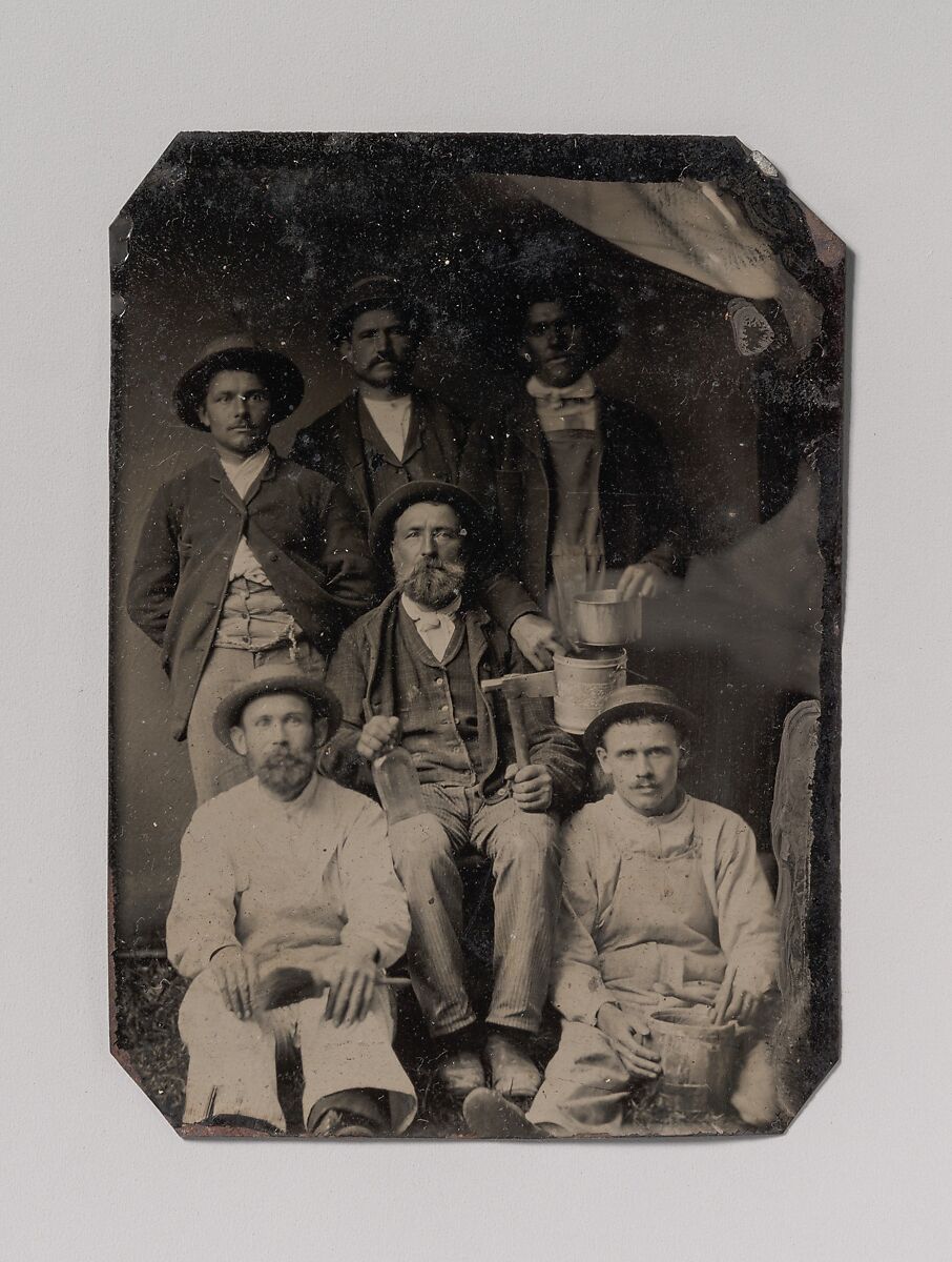 [Six Workmen Holding Various Trade Tools: Paint Brushes, Bucket, Glass Bottle, and Hatchet], Unknown (American), Tintype 