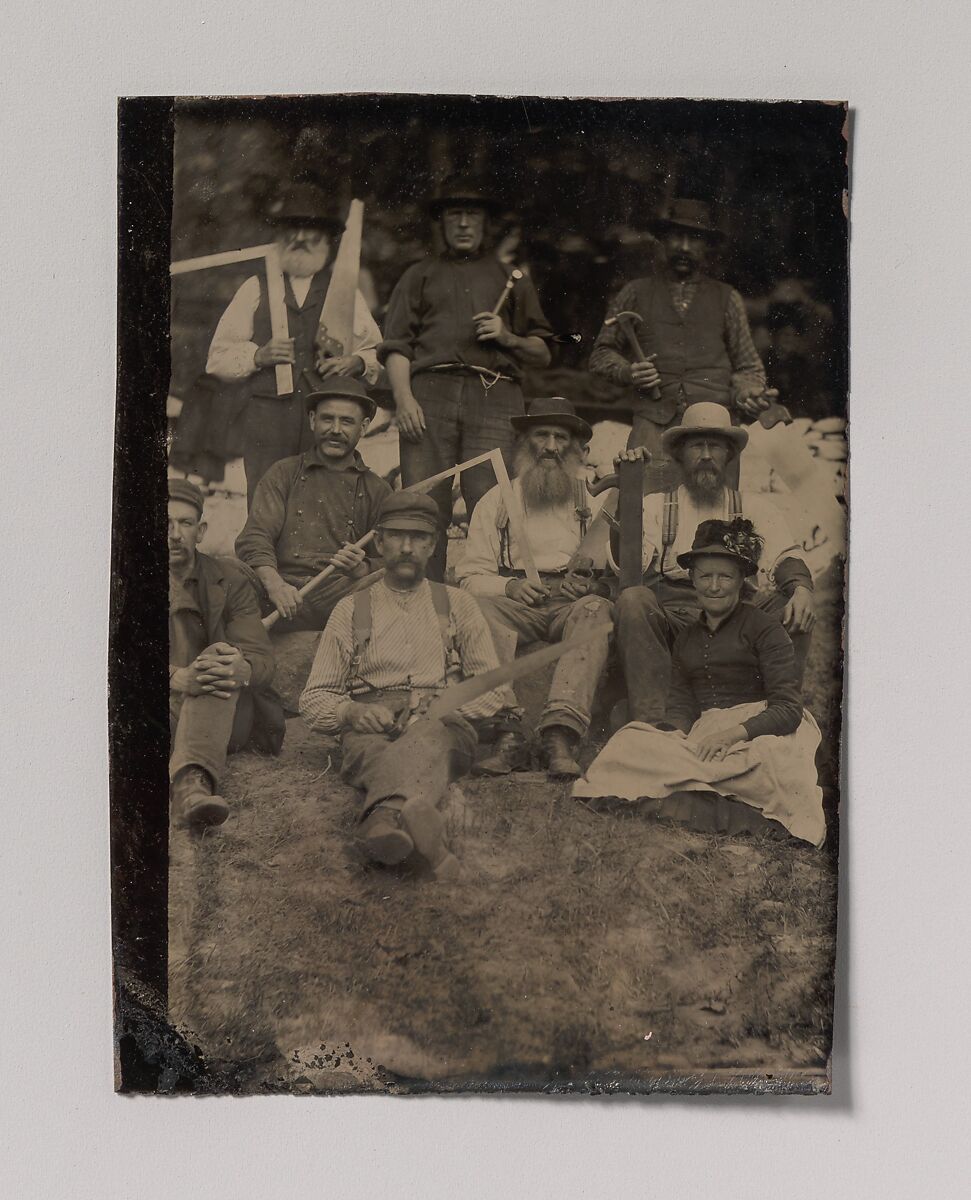 [A Woman and Eight Carpenters Posed Outdoors], Unknown (American), Tintype 