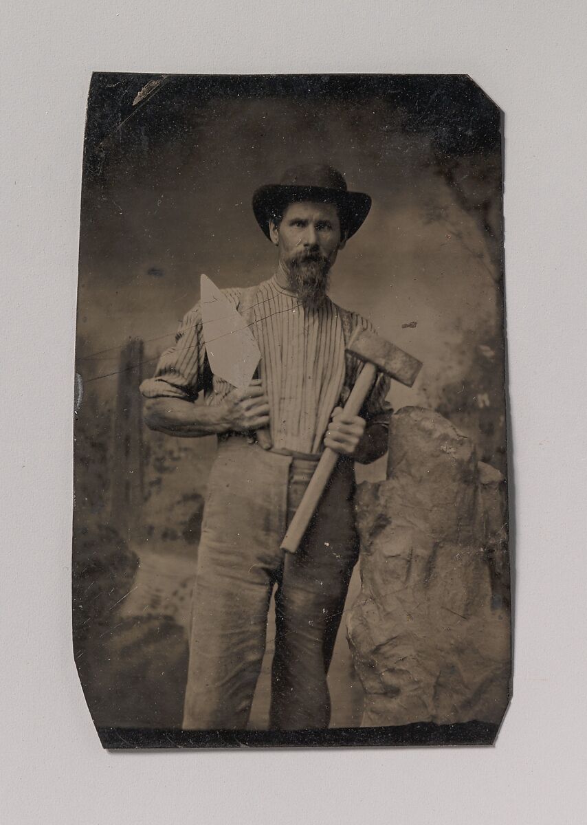 [Mason (?) Holding a Trowel and Sledgehammer], Unknown (American), Tintype 