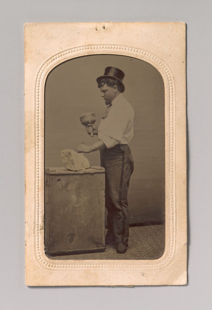 [Mason in Top Hat with Mallet, Chisel, and Piece of Stone], J. R. Martin (American, active 1860s), Tintype 