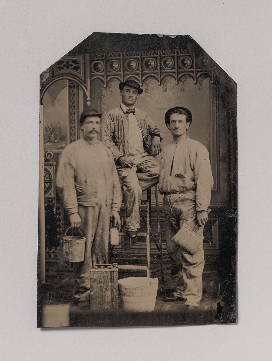 [Three Painters, Arranged On and Around a Ladder, with Brushes, Bucket, and Paint Can], Unknown (American), Tintype with applied color 