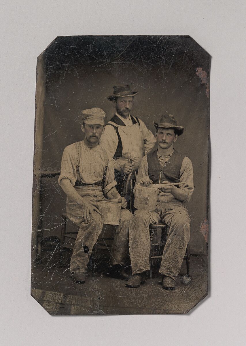 [Three Painters with Brushes and Paint Cans], Unknown (American), Tintype with applied color 