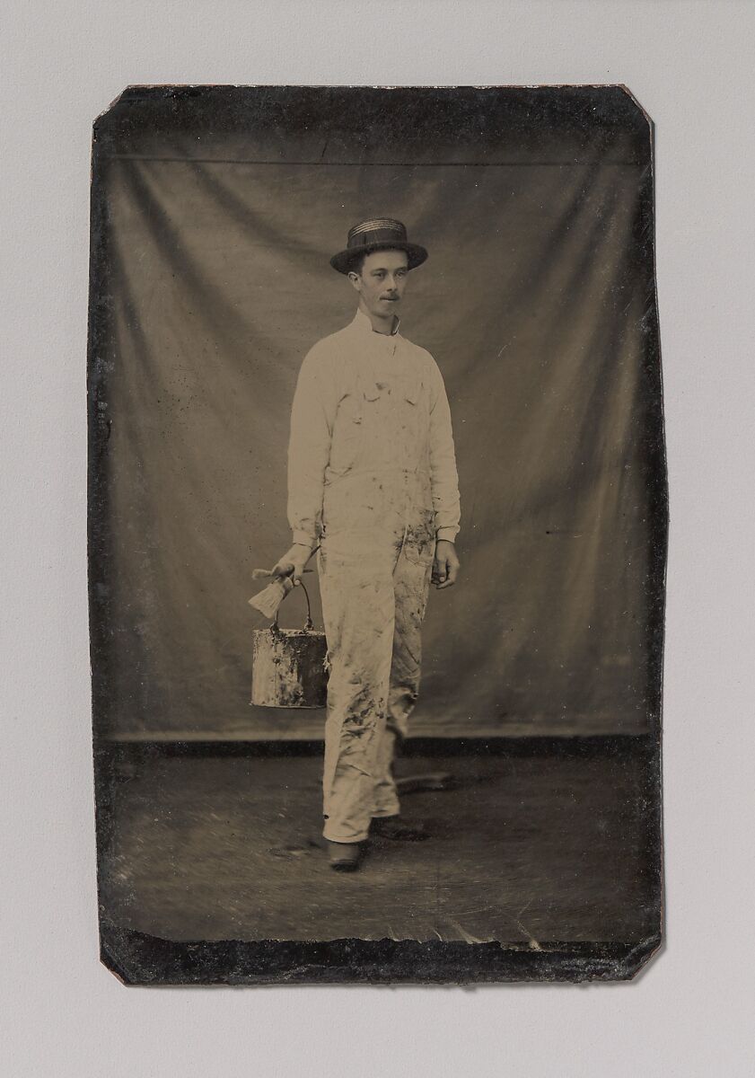 [Painter in Paint-spattered Overalls with Brushes and Paint Can], Unknown (American), Tintype 