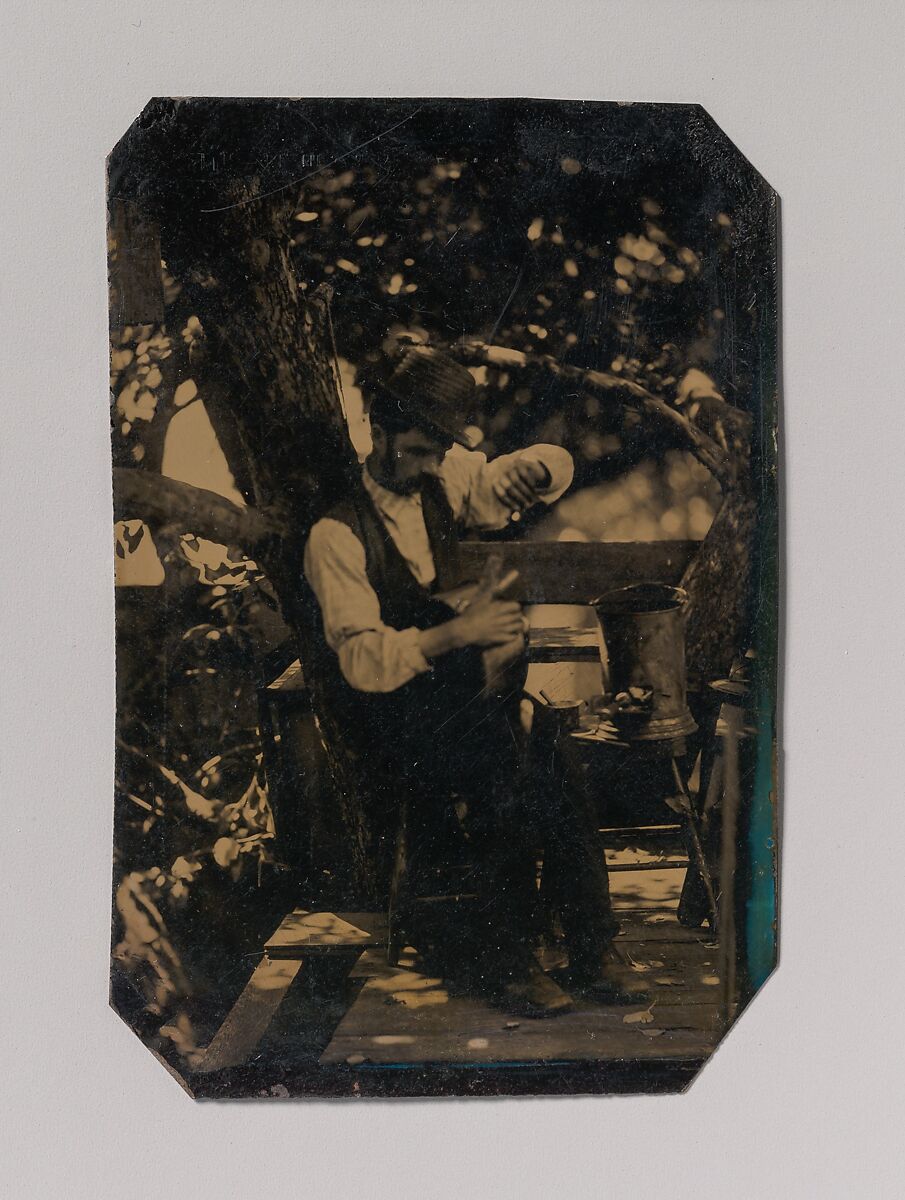 [Tinsmith Working Under a Tree], Unknown (American), Tintype 