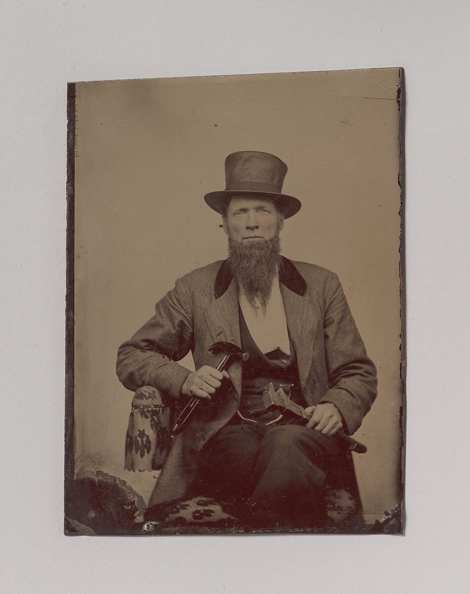 [Man in Top Hat Holding a Hammer and Wrench], Unknown (American), Tintype with applied color 