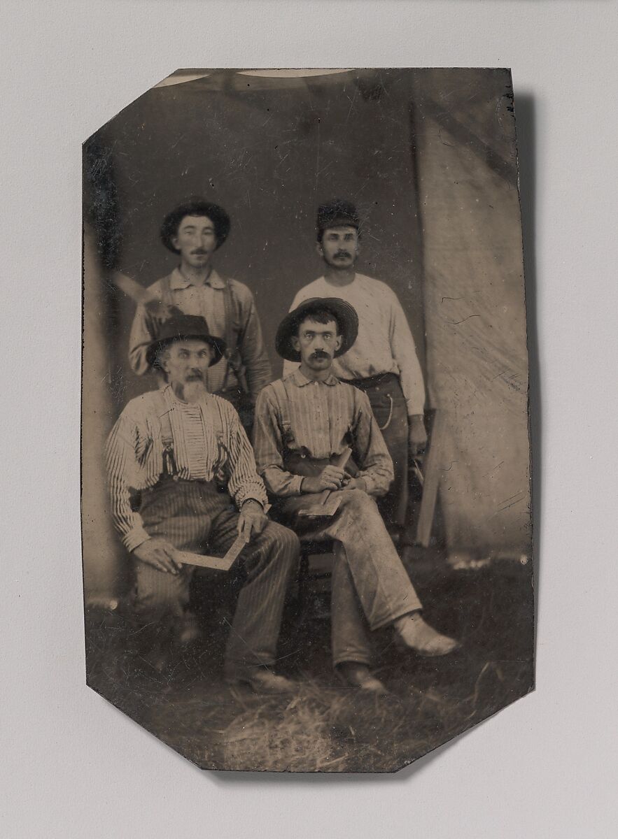 [Four Workmen Holding Different Tools: Square, Hatchet, Wood Plane, and Trowel], Unknown (American), Tintype 