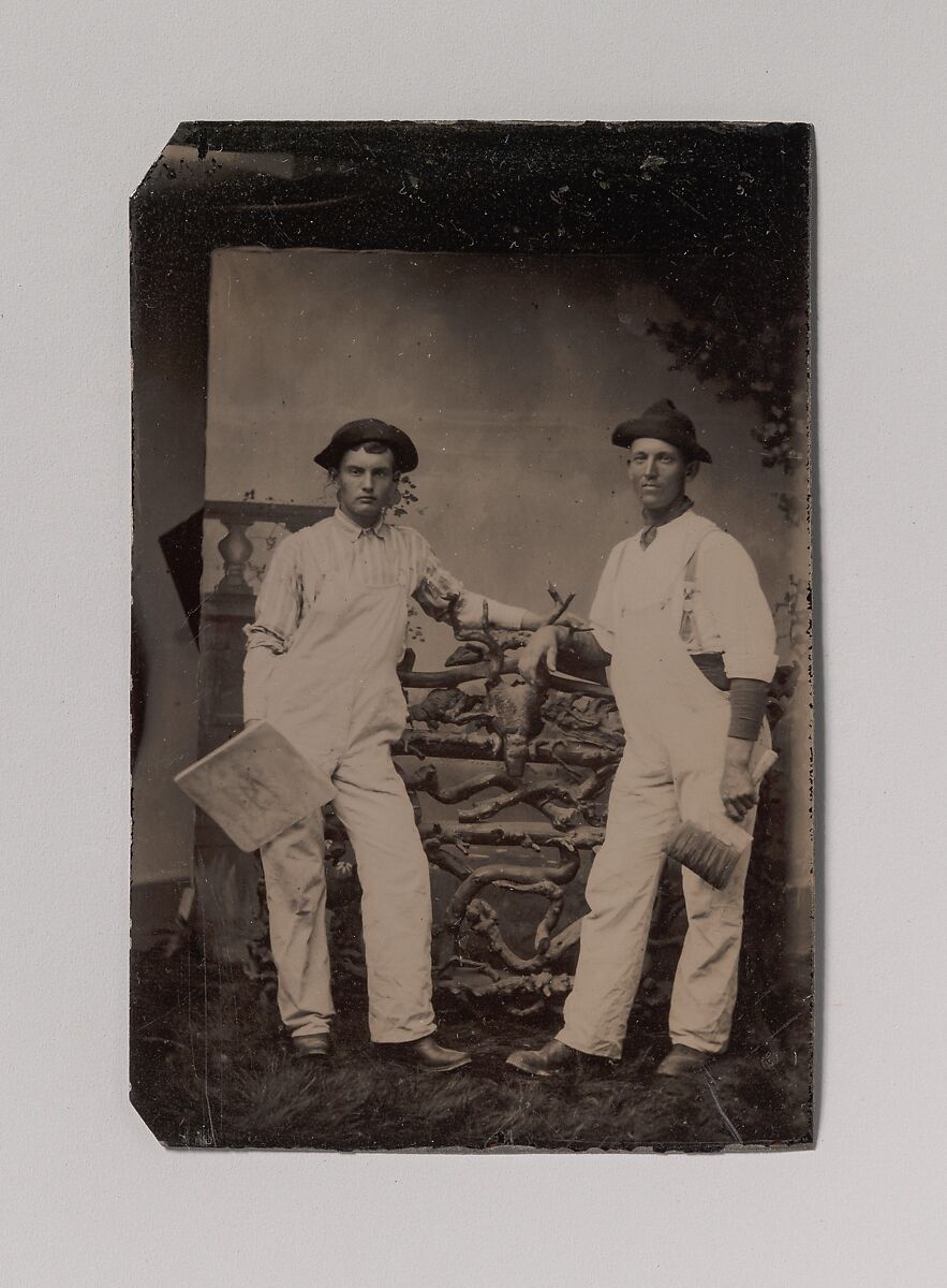 [Two Plasterers in Overalls Leaning on a Rustic Fence], Unknown (American), Tintype 