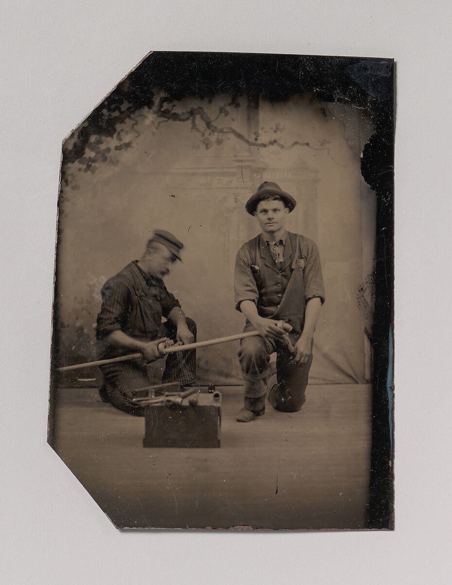 [Two Plumbers with a Pipe, Pipe Cutter, and Toolbox], Unknown (American), Tintype 